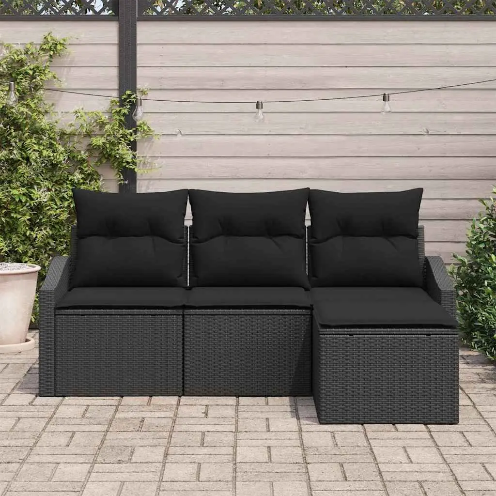 4 Piece Outdoor Sofa Set for Garden Patio Black Poly Rattan with Storage