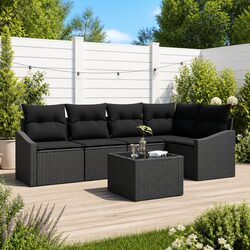 6-Piece Black Poly Rattan Sofa Set with Storage Bag