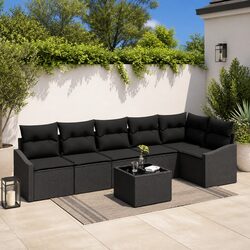 Outdoor Garden Sofa Set 7 pcs Black Poly Rattan Patio Furniture Lounge Suite