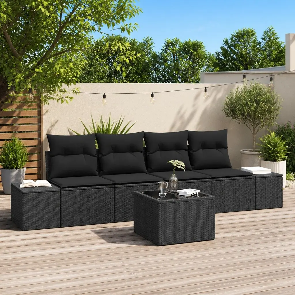 5 Piece Modular Sofa Set for Outdoor Use Black Poly Rattan with Cushions and Glass Top Table