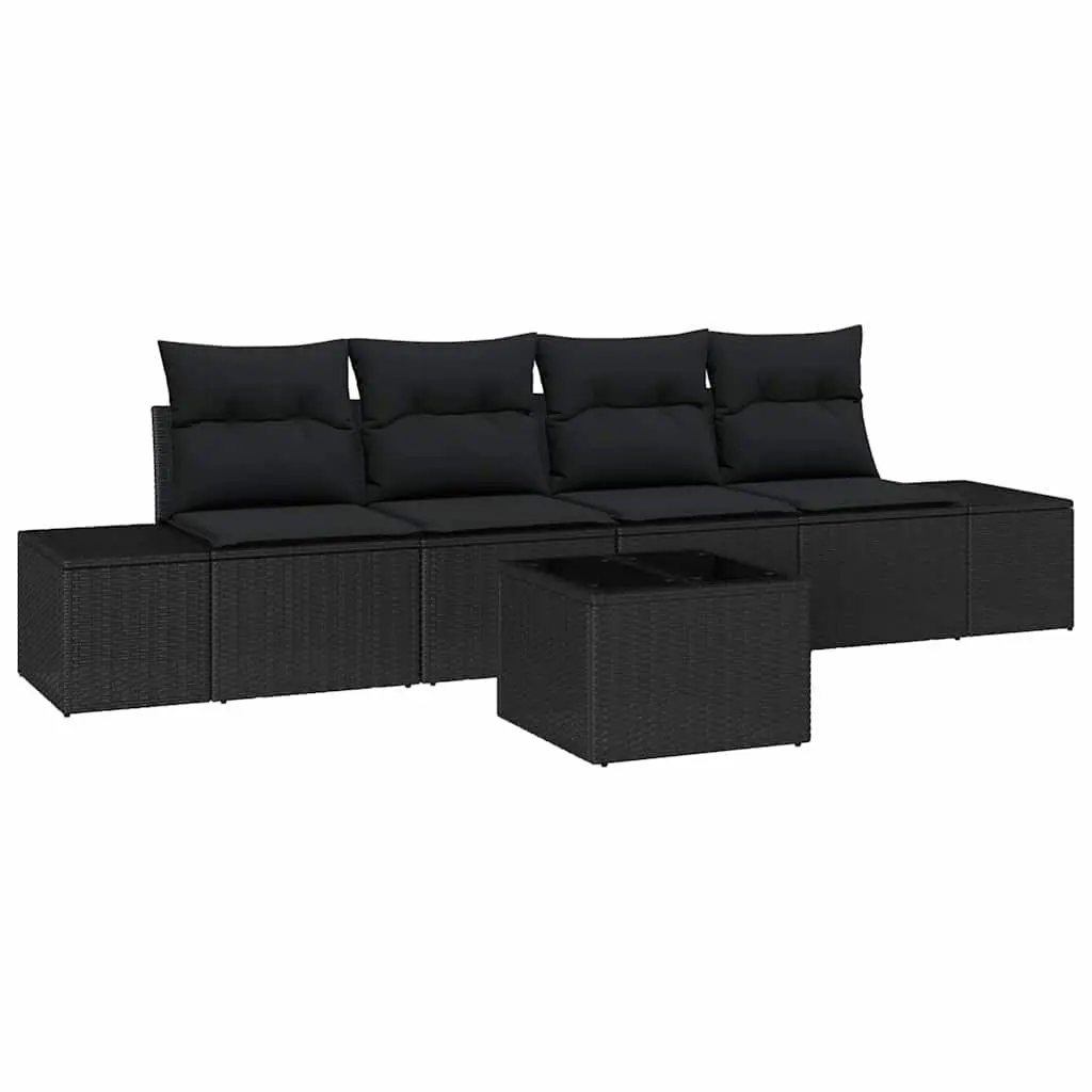 5 Piece Modular Sofa Set for Outdoor Use Black Poly Rattan with Cushions and Glass Top Table