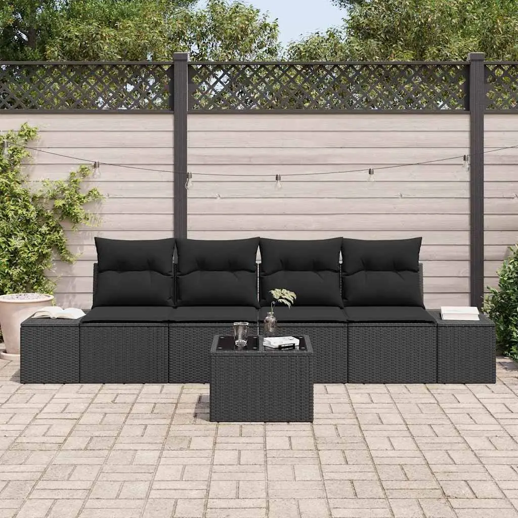 5 Piece Modular Sofa Set for Outdoor Use Black Poly Rattan with Cushions and Glass Top Table