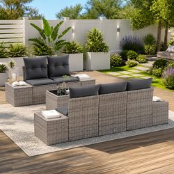 Garden Sofa Set 6 Piece Outdoor Furniture Poly Rattan Grey Glass Table Patio