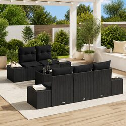 6-Piece Garden Sofa Set in Black Poly Rattan with Cushions