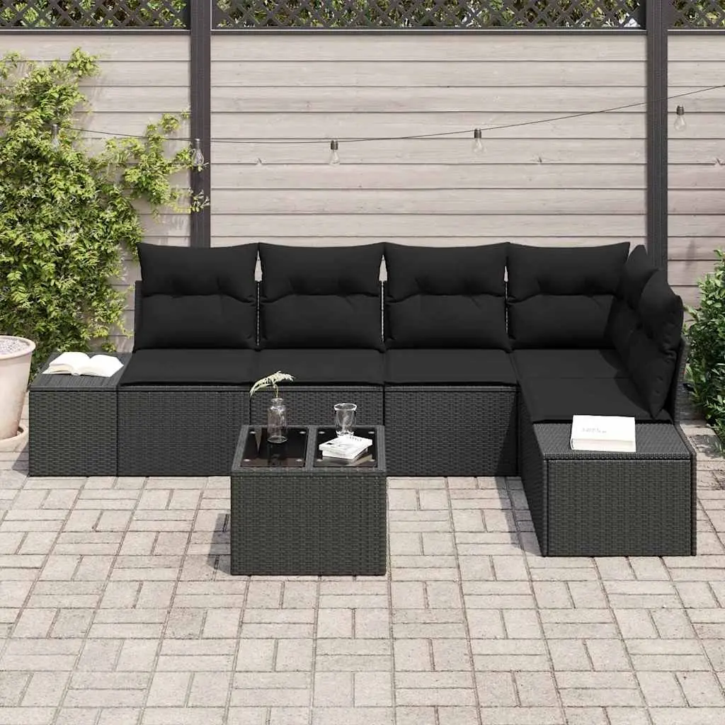 Modular Garden Sofa Set Outdoor Use Black Poly Rattan Acacia Wood