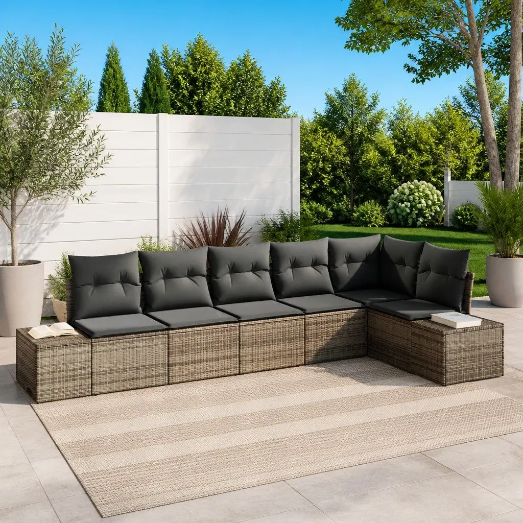 Modular 6 Piece Outdoor Sofa Set Grey Poly Rattan for Garden Patio and Poolside Use