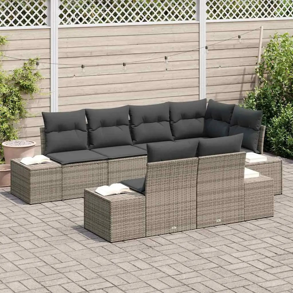 Modular Outdoor Sofa Set 7 Pieces for Garden Patio Grey Poly Rattan and Solid Acacia Wood