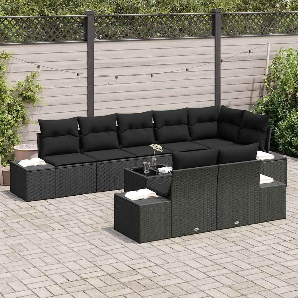 Modular Garden Sofa Set for Outdoor Use Black Poly Rattan with Acacia Wood Frame