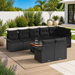 9-Piece Modular Garden Sofa Set: Black Poly Rattan & Wood