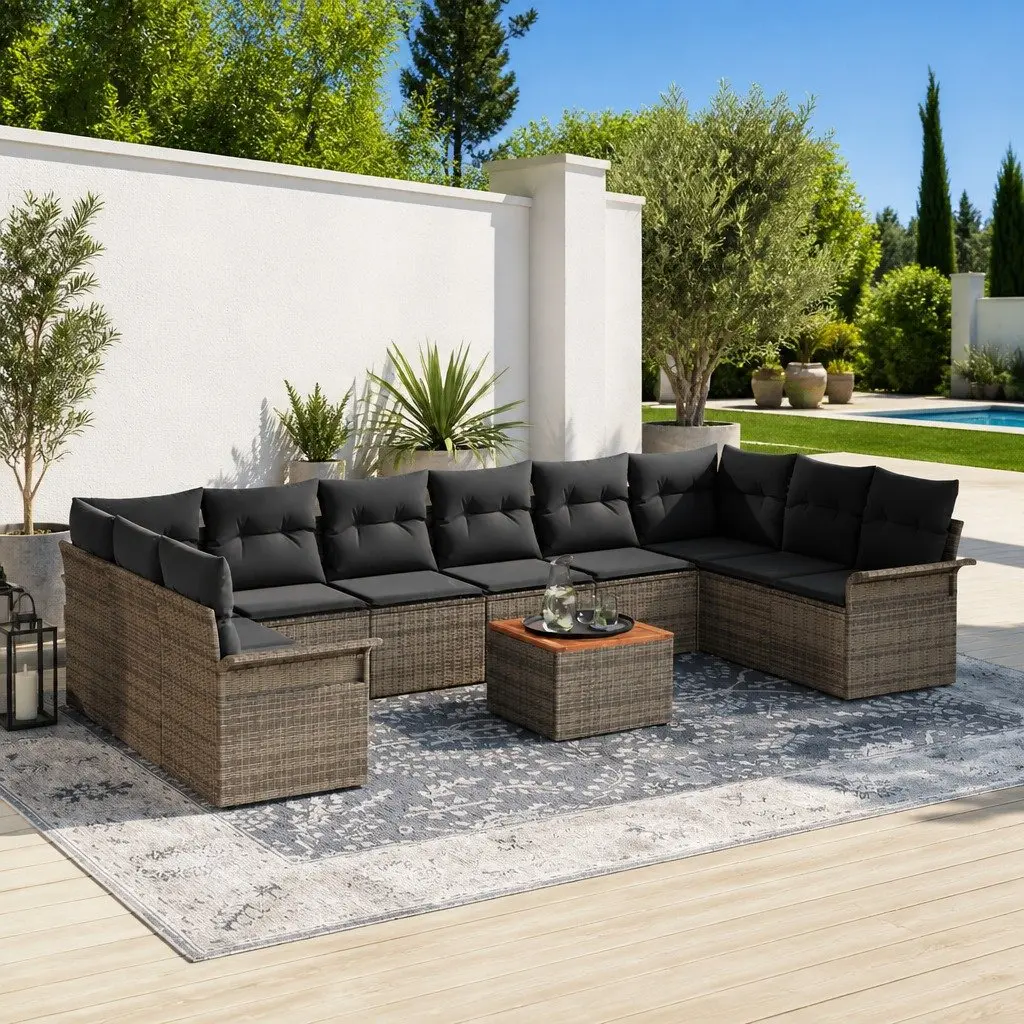 Modular Garden Sofa Set 11 Piece for Outdoor Living Grey Poly Rattan with Table