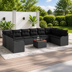 Modular Garden Sofa Set 11 Pieces Black Poly Rattan Outdoor Furniture with