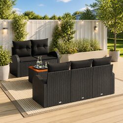 6-Piece Garden Sofa Set: Black Poly Rattan & Acacia Wood