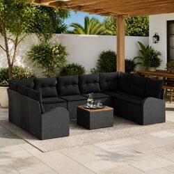 10-Piece Modular Sofa Set: Black Poly Rattan & Acacia Wood