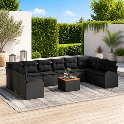 11-Piece Outdoor Garden Sofa Set: Black Poly Rattan Design