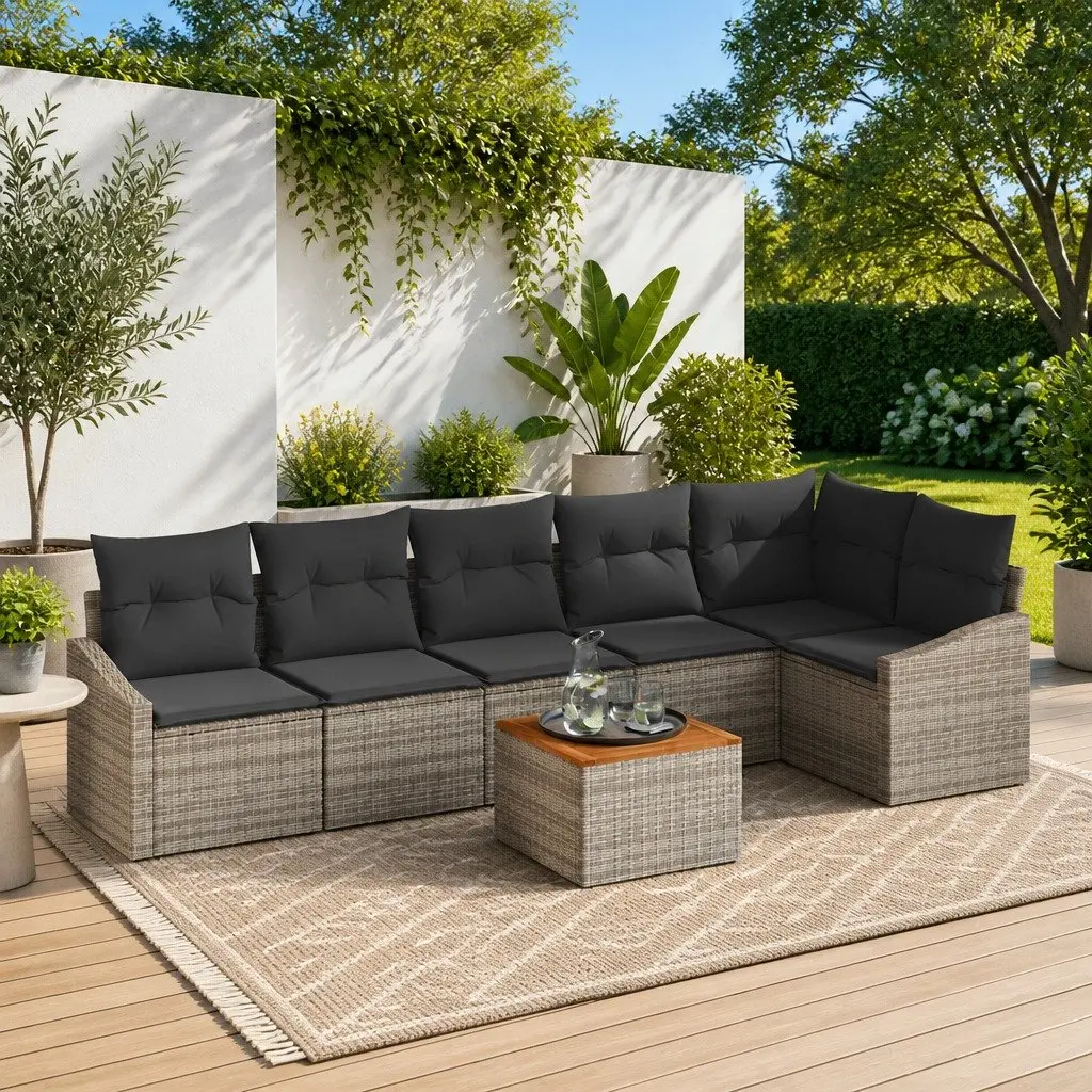 Modular Garden Sofa Set for Outdoor Use 7 Piece Grey Poly Rattan with Acacia Wood and Steel
