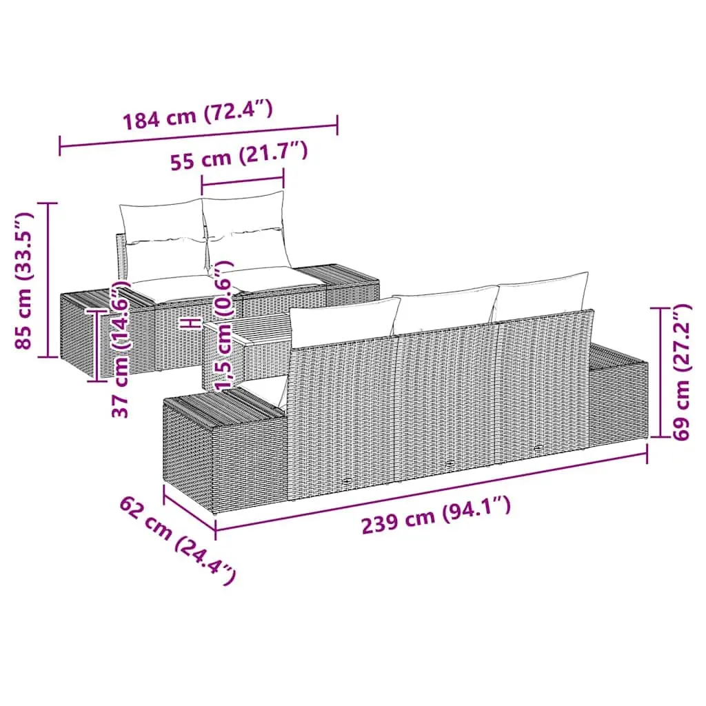 Outdoor Modular Garden Sofa Set 6 Piece Grey Poly Rattan Patio Furniture with