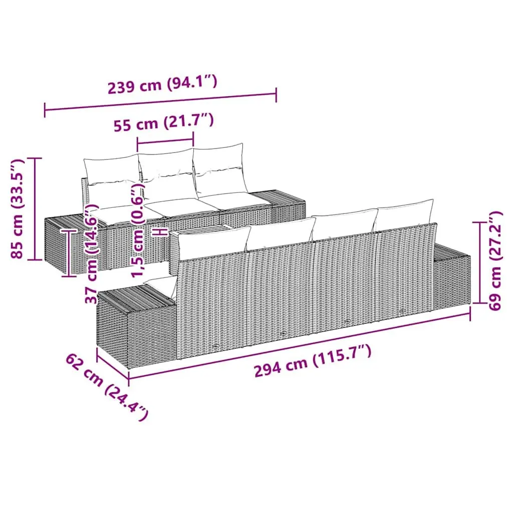 Garden Sofa Set 8pc Modular Outdoor Furniture Grey Poly Rattan with Storage Bag