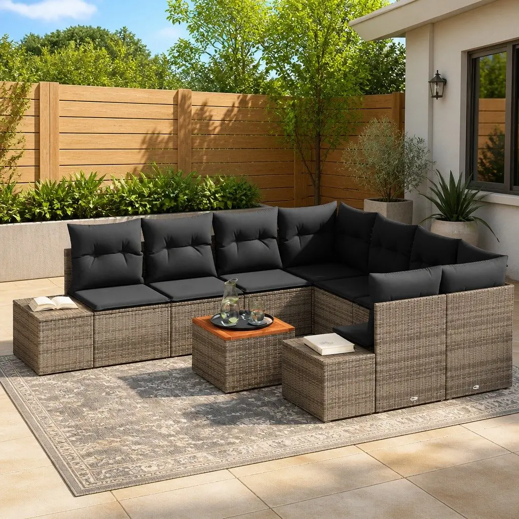 Garden Sofa Set Modular Outdoor Furniture 9 Piece Grey Poly Rattan with Storage