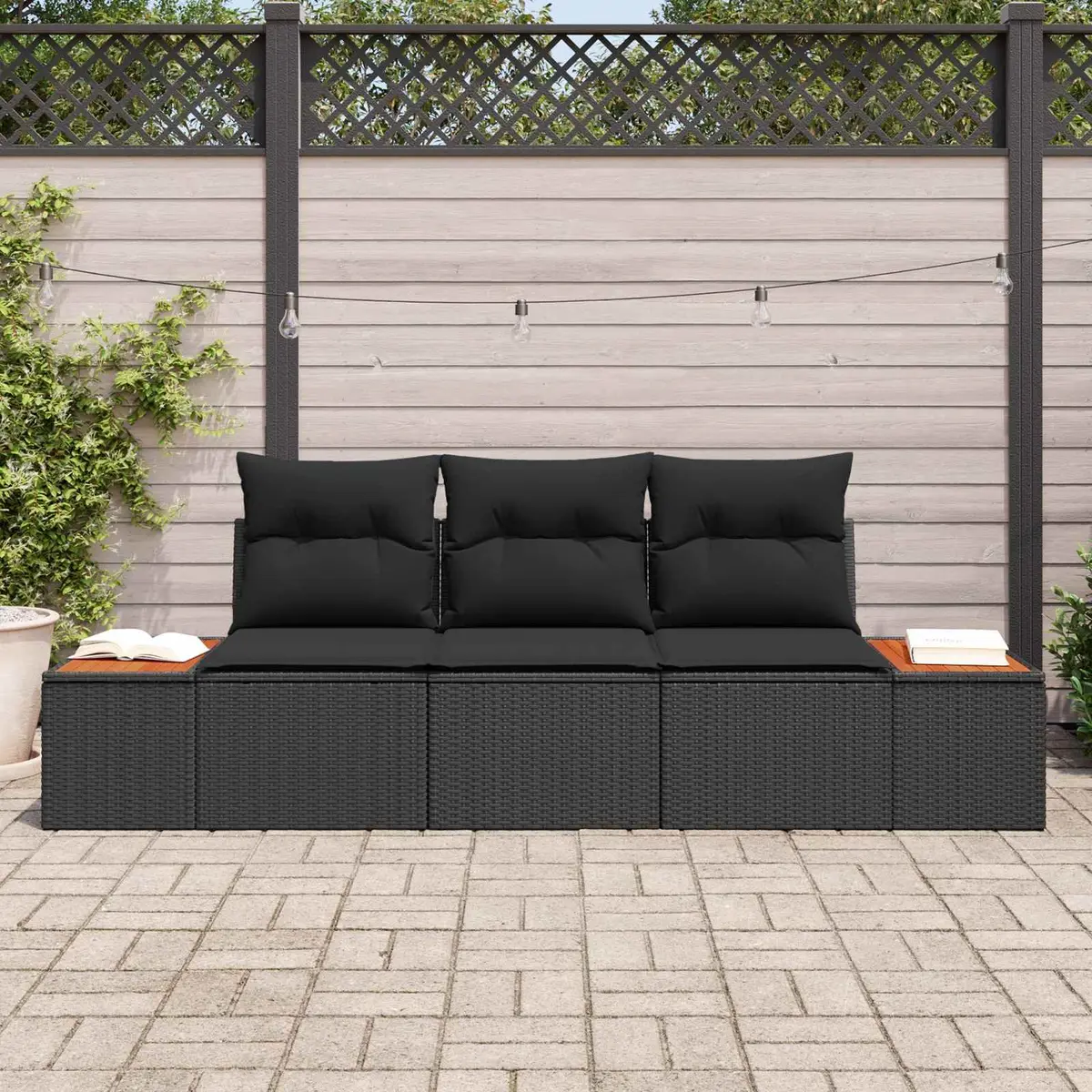 Outdoor Garden Sofa Set 3 Piece Black Poly Rattan with Storage Cushions