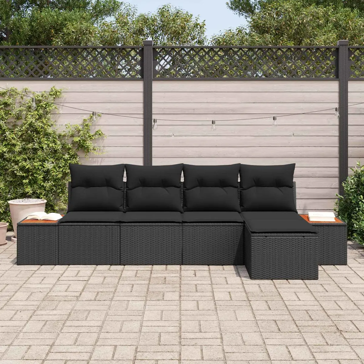 Modular Outdoor Sofa Set 6 Piece Black Poly Rattan with Cushions for Garden and Patio