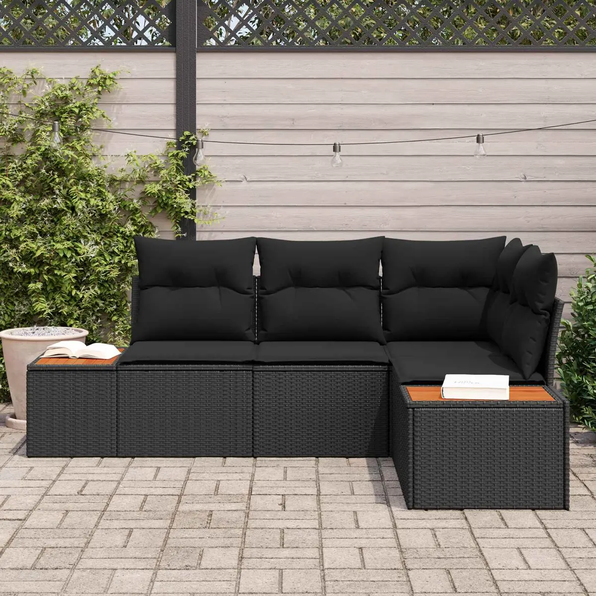 Modular Outdoor Garden Sofa Set 4 Piece Rattan Seating with Cushions Black