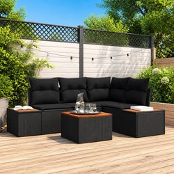 Modular Garden Sofa Set 4 Pcs: Black Poly Rattan & Wood