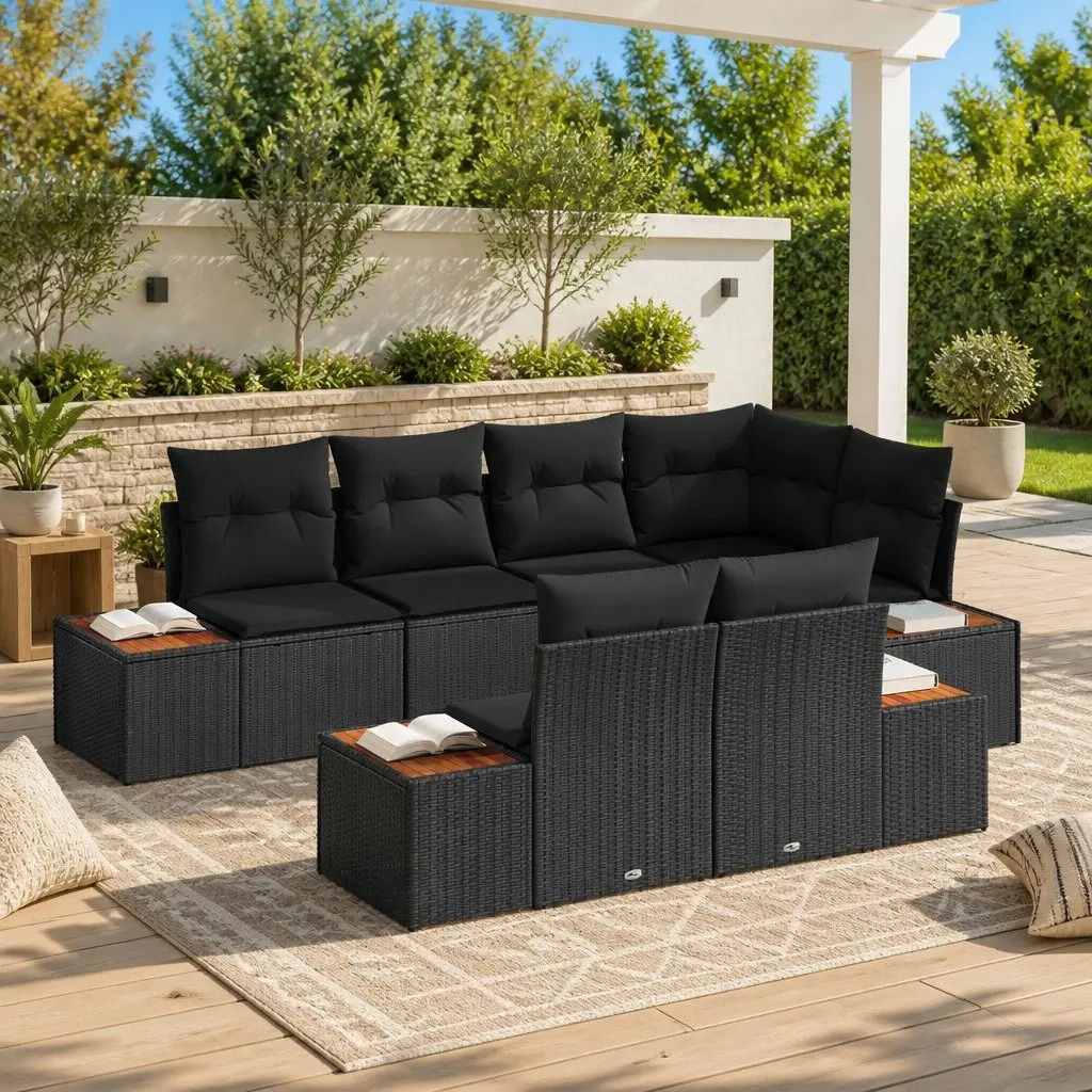 Modular Outdoor Garden Sofa Set 7 Piece Black Poly Rattan Lounge Seating Patio
