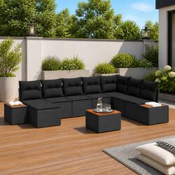 Modular Garden Sofa Set – 9 Pieces, Black Poly Rattan and Acacia Wood