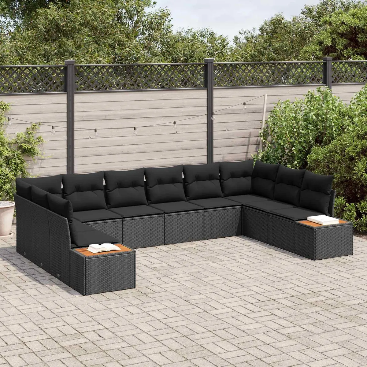 Outdoor Garden Sofa Set 10 Pieces Black Poly Rattan Modular Seating Cushions