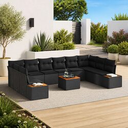 Outdoor Modular Sofa Set - 10 Pieces in Black Poly Rattan
