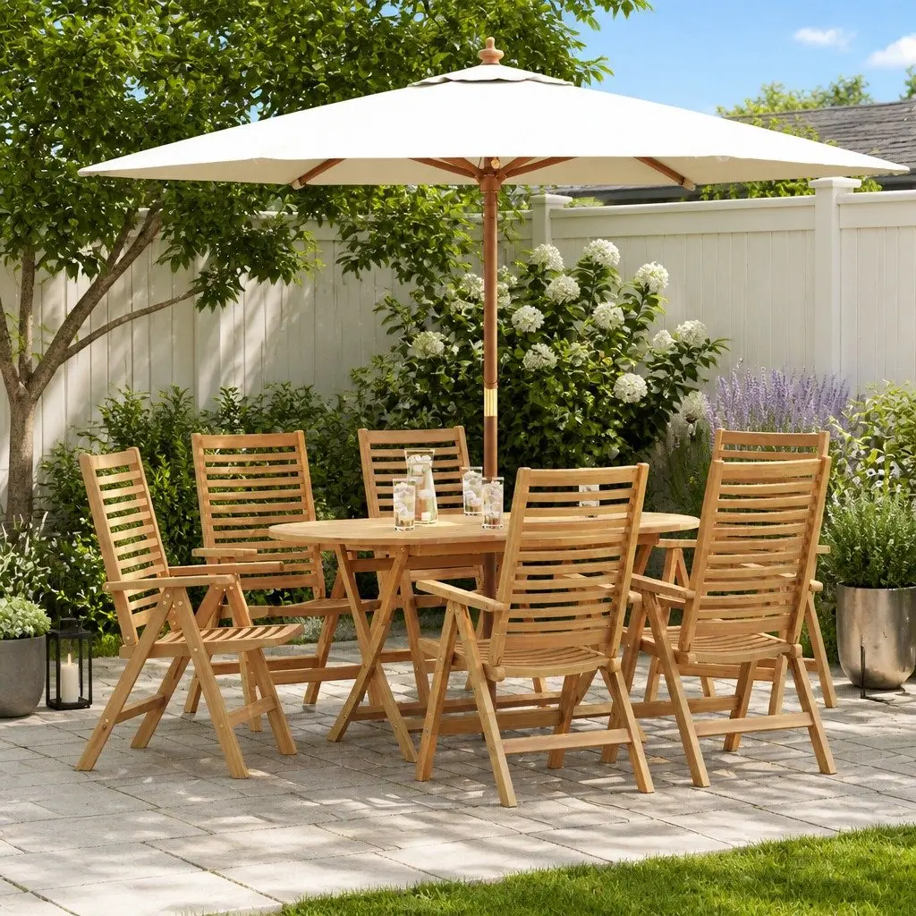 Garden Dining Set 7 Piece Outdoor Furniture Brown Teak Wood Table Chairs
