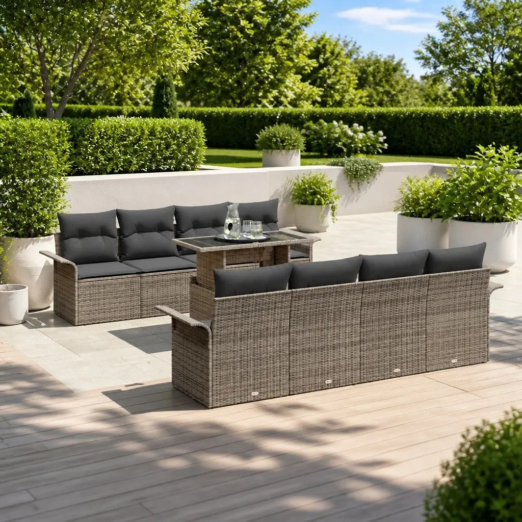 Modular Garden Sofa Set Outdoor Patio Furniture 9 Pieces Grey Poly Rattan