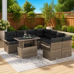 9-Piece Grey Poly Rattan Garden Sofa Set with Tempered Glass