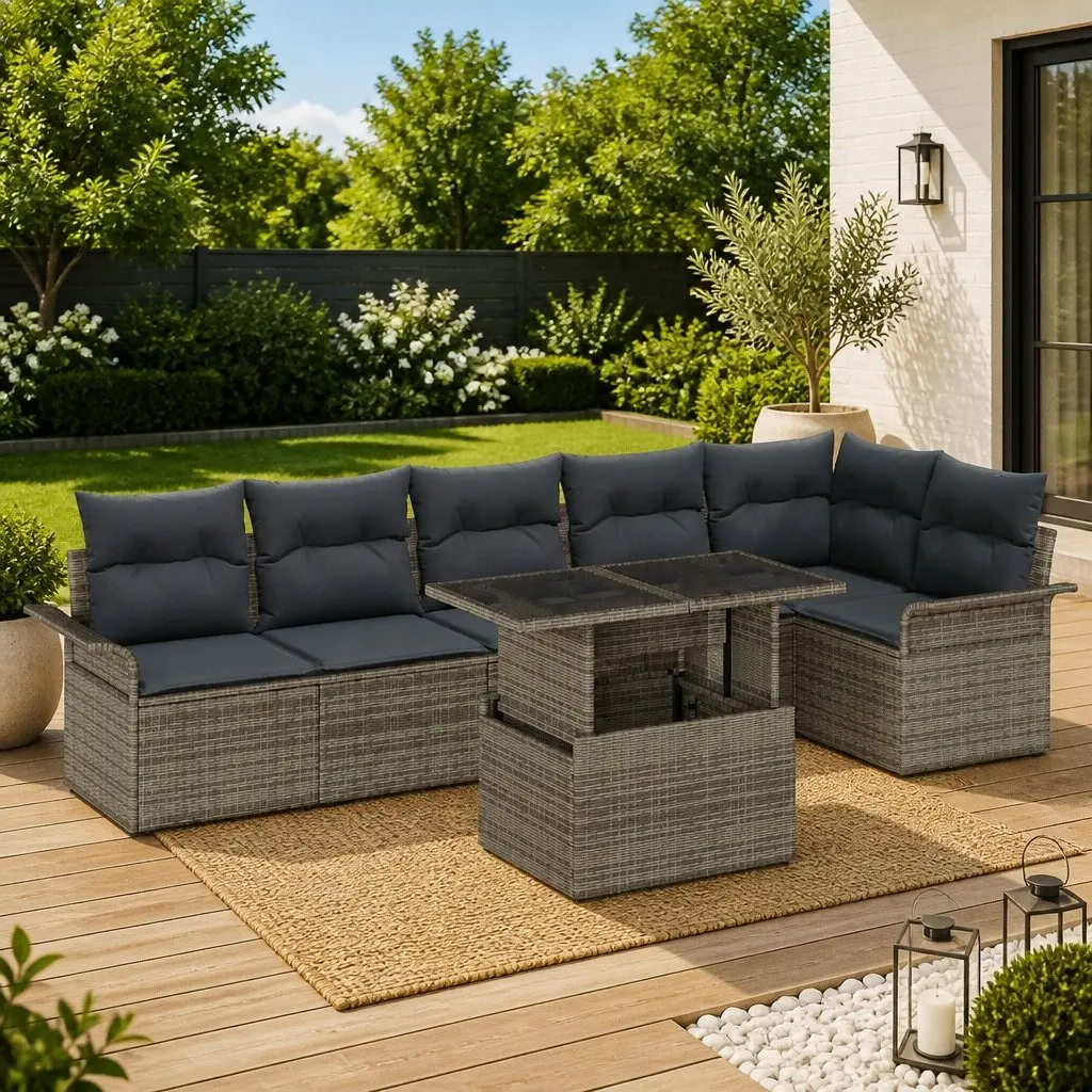 7 Piece Garden Sofa Set Outdoor Modular Grey Poly Rattan with Cushions