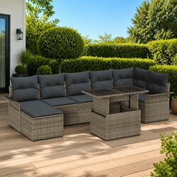 Specifications for 8-Piece Grey Poly Rattan Sofa Set