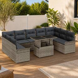 10-Piece Grey Poly Rattan Garden Sofa Set with Cushions