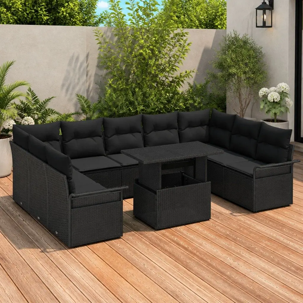 Modular Garden Sofa Set for Outdoor Living Black Poly Rattan 10 Piece