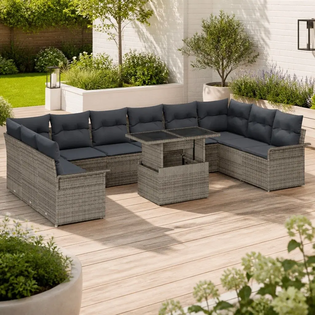 Modular Garden Sofa Set 11 Piece Outdoor Grey Poly Rattan Seating with Cushions