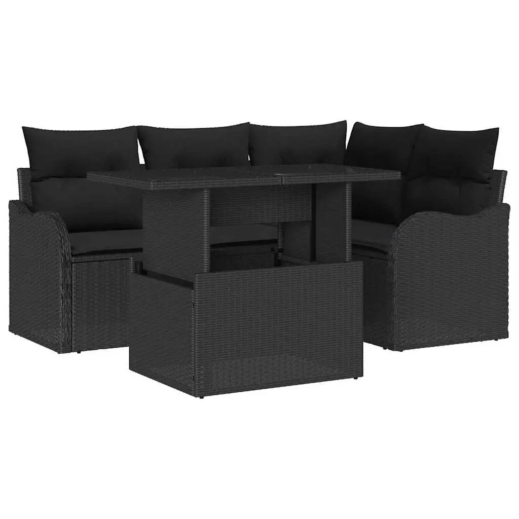 Garden Sofa Set 5 Pieces Outdoor Seating Black Poly Rattan Modular with Cushions