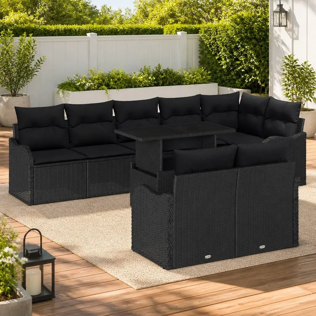 Modular Outdoor Sofa Set 9 Pieces Black Poly Rattan Cushions for Patio Garden