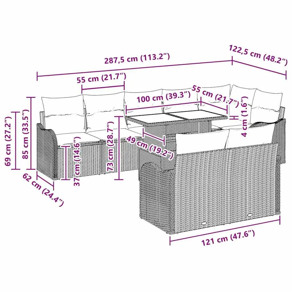 Modular Outdoor Sofa Set 9 Pieces Black Poly Rattan Cushions for Patio Garden