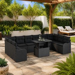 11-Piece Modular Outdoor Sofa Set - Black Poly Rattan Design
