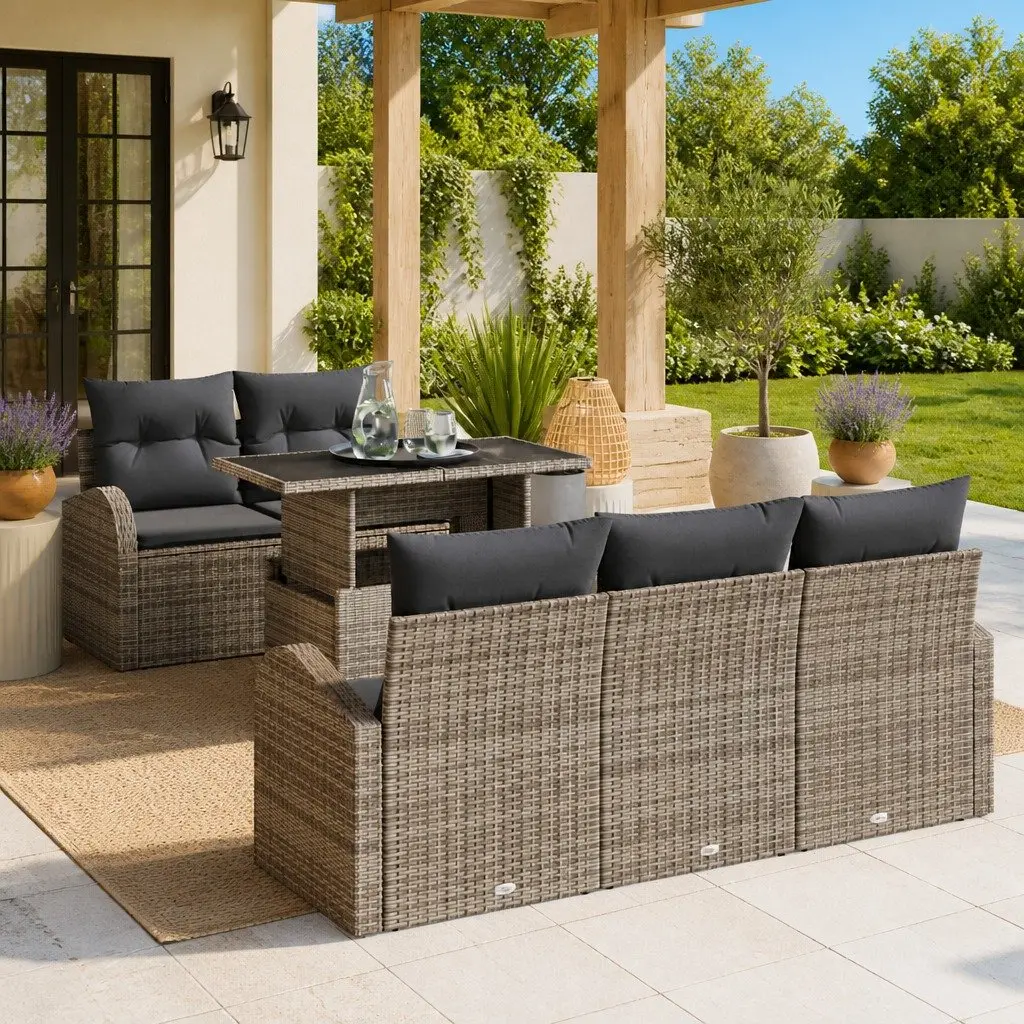 Modular Garden Sofa Set Outdoor Use 6 Piece Grey Poly Rattan Seating with Cushions