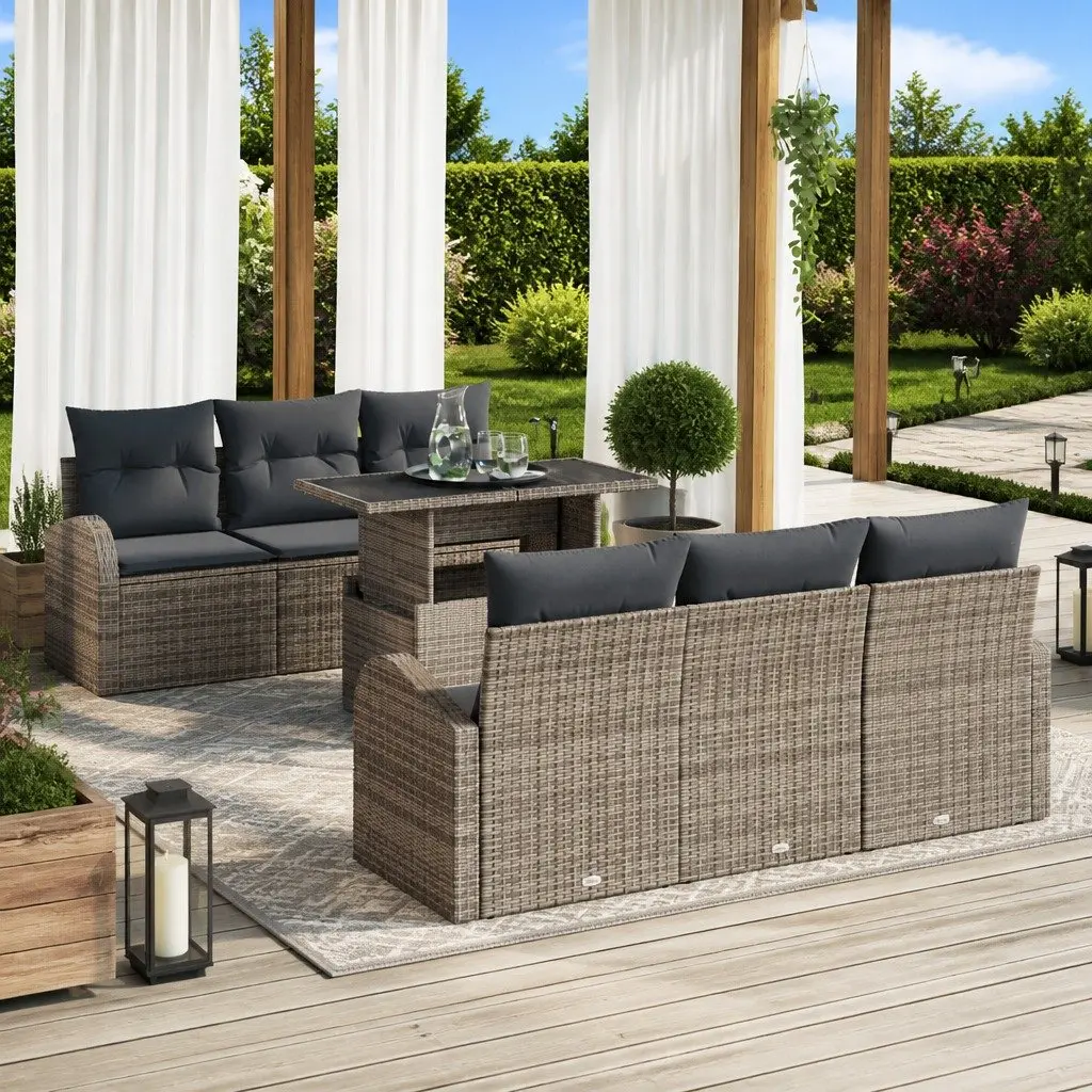 Modular Outdoor Furniture 7 Piece Grey Poly Rattan Garden Sofa Set with Table for Patio and Terrace