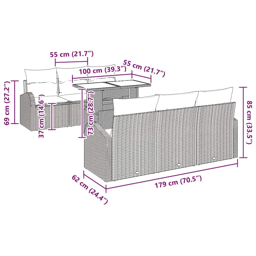 Modular Outdoor Furniture 7 Piece Grey Poly Rattan Garden Sofa Set with Table for Patio and Terrace