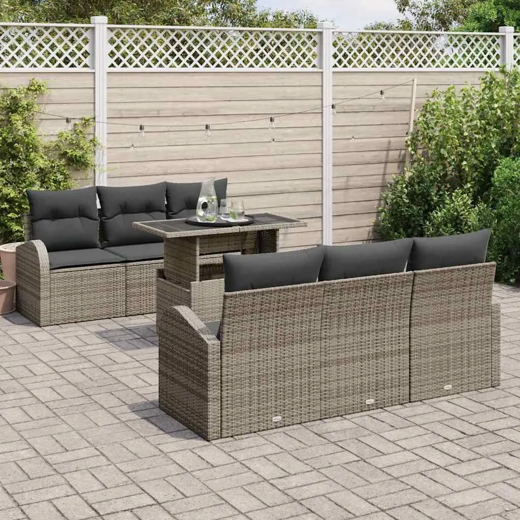 Modular Outdoor Furniture 7 Piece Grey Poly Rattan Garden Sofa Set with Table for Patio and Terrace