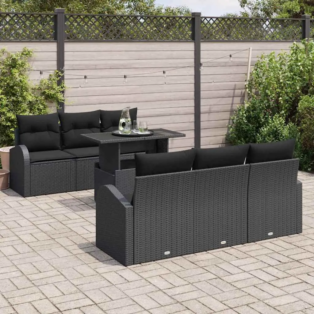 Garden Sofa Set 7 Pieces Black Poly Rattan Modular Outdoor Seating with Cushions