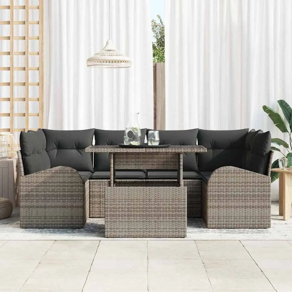 Modular Garden Sofa Set with Glass Table 7 Pieces Grey Outdoor Seating Patio