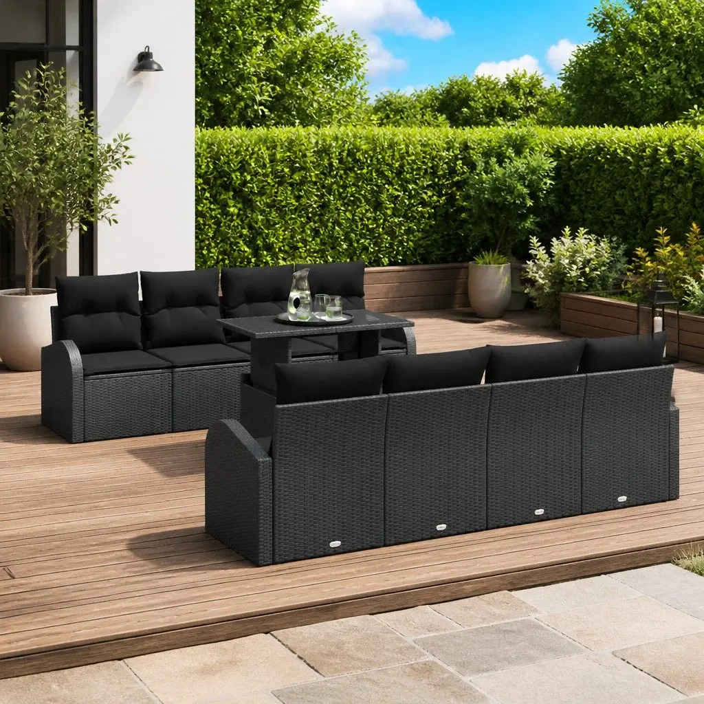 9-Piece Black Poly Rattan Sofa Set