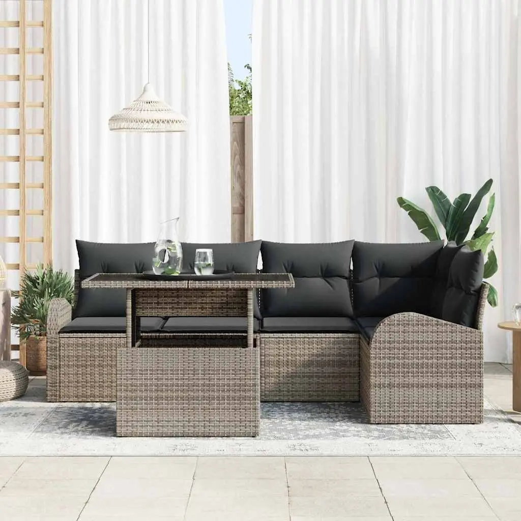 Modular Garden Sofa Set 6 Pieces Outdoor Seating Grey Poly Rattan with Cushions